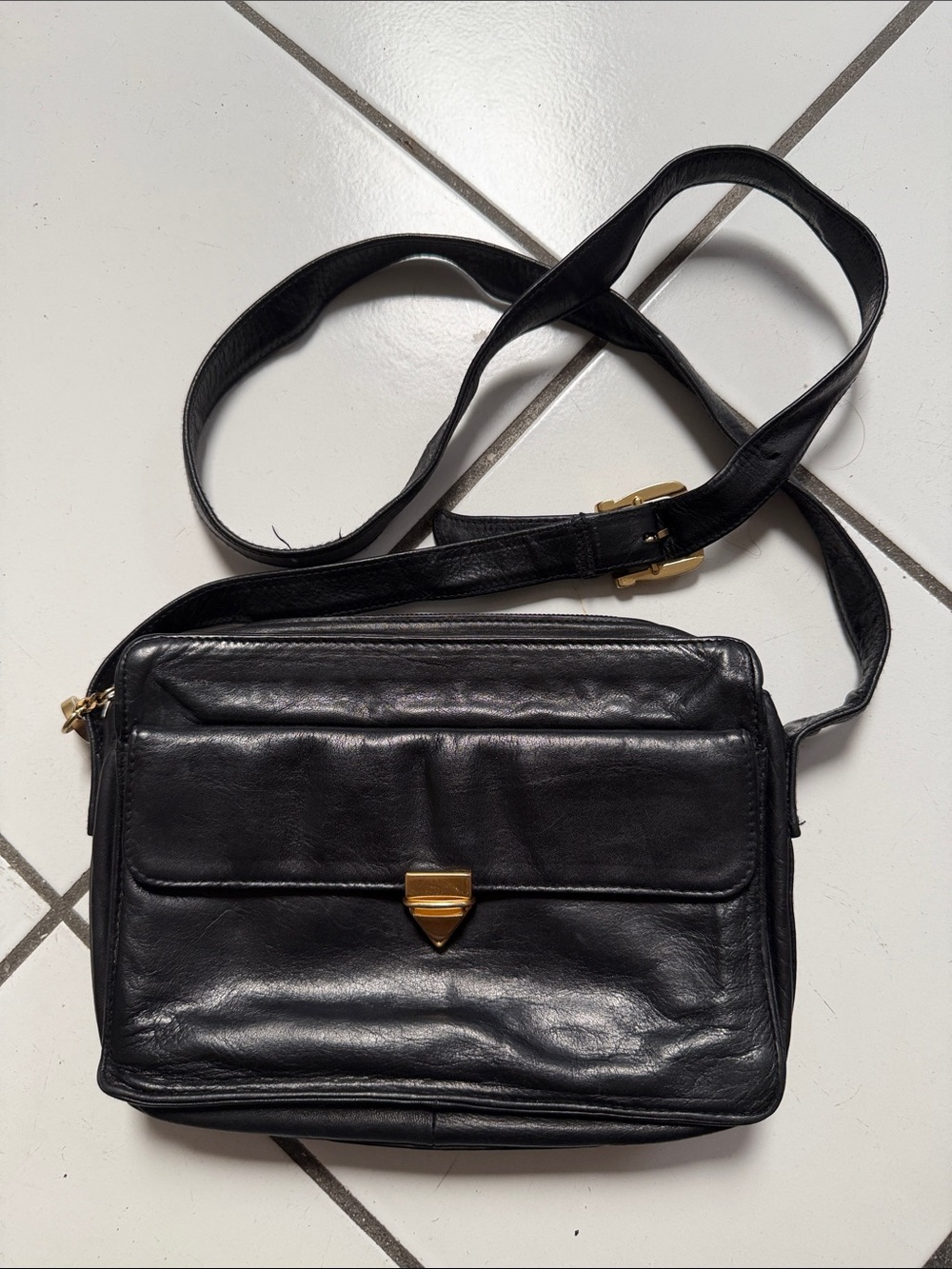 Perlina Black Leather Messenger Bag with Gold Hardware